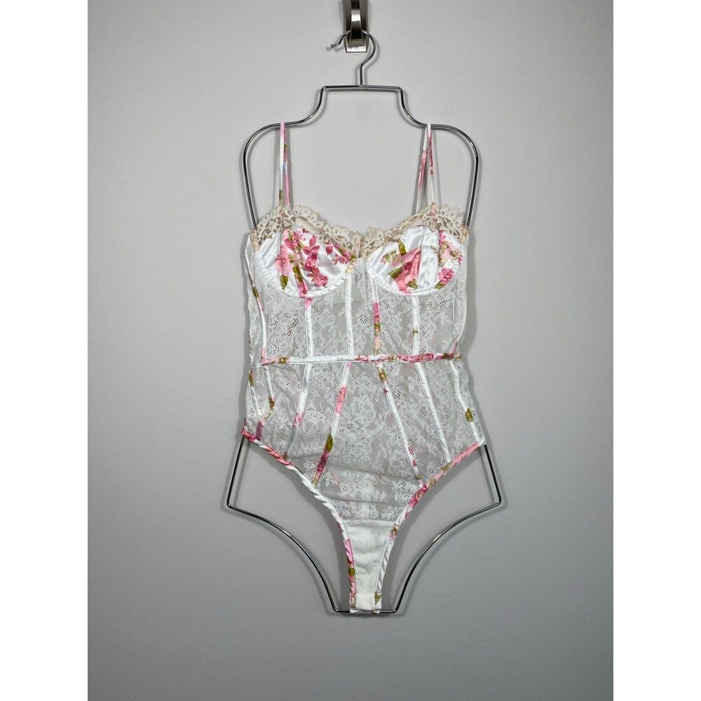 For Love & Lemons Floral Lace Bustier Bodysuit Small Pink White
